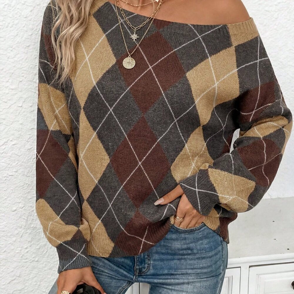 Multicolor Casual Women's Off-Shoulder Argyle Sweater - Picture 3 of 5